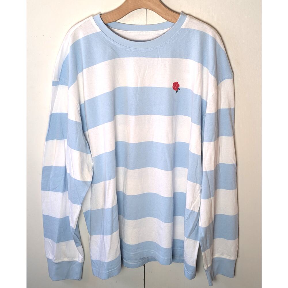 Goodfellow Blue & White Striped Rose Embroidered Long Sleeve XXL